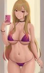  1girl absurdres bangs bare_shoulders bead_bracelet beads bikini blonde_hair blush bracelet breasts cellphone choker cleavage collarbone ear_piercing earrings grin highres jewelry kitagawa_marin large_breasts long_hair looking_at_viewer navel phone piercing purple_bikini red_eyes smile solo sono_bisque_doll_wa_koi_wo_suru swimsuit thighs zaphn 