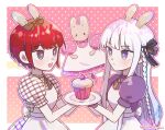  2girls :d alternate_costume animal_ears apron bangs black_ribbon bow braid brown_eyes cherry collared_dress cupcake danganronpa:_trigger_happy_havoc danganronpa_(series) danganronpa_2:_goodbye_despair dress dudeoji_(dotheg_ansoni) enmaided eye_contact eyebrows_visible_through_hair food freckles fruit green_bow hair_bow hair_ribbon highres holding holding_plate kirigiri_kyouko koizumi_mahiru looking_at_another maid multiple_girls necktie open_mouth plaid plaid_dress plate polka_dot polka_dot_background puffy_short_sleeves puffy_sleeves rabbit_ears red_hair ribbon shiny shiny_hair short_hair short_sleeves smile white_apron 