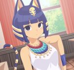  animal_crossing animal_ears ankha_(animal_crossing) bangs bare_shoulders black_eyes blue_hair blunt_bangs bracelet breasts cat_ears cat_girl cat_tail commentary dark-skinned_female dark_skin egyptian_clothes expressionless gold hair_ornament highres humanization indoors jewelry looking_at_viewer medium_breasts patrick_fche shirt short_hair signature sitting sleeveless sleeveless_shirt snake_hair_ornament spanish_commentary striped_tail tail twitter_username usekh_collar white_shirt window 