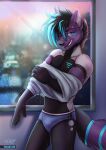  anthro blue_eyes canid canine canis clothing dingo hi_res looking_at_viewer male mammal mecohea one_eye_closed removing_shirt solo toxi_de_vyne_(artist) underwear undressing wink winking_at_viewer 