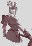  1girl bandaged_arm bandages braid chain from_behind grey_background hair_up highres holding holding_sword holding_weapon league_of_legends medium_hair muscular muscular_female nire_(nirefuster) riven_(league_of_legends) simple_background single_bare_shoulder skirt solo sword weapon 