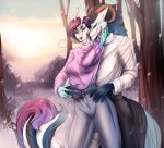  2022 5_fingers anthro antlers breasts clothed clothing day detailed_background digital_media_(artwork) dragon duo eyebrows eyelashes female fingers fur furred_dragon horn kristianapuff outside sky smile wingless_dragon 