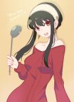  1girl absurdres bangs bare_shoulders black_hair blush breasts collarbone earrings hairband highres holding holding_ladle jewelry ladle long_hair long_sleeves looking_at_viewer nishimura_eri open_mouth red_eyes red_sweater solo spy_x_family sweater yor_briar 