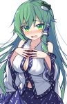  1girl bare_shoulders blue_skirt blush breasts cleavage collarbone detached_sleeves e.o. eyebrows_visible_through_hair frog_hair_ornament green_eyes green_hair hair_between_eyes hair_ornament highres japanese_clothes kochiya_sanae large_breasts long_hair navel nontraditional_miko open_mouth simple_background skirt snake_hair_ornament solo touhou upper_body white_background wide_sleeves 