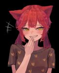  1girl absurdres animal_ears bangs black_background blush brown_shirt cat_ears commentary_request grin hand_up highres korean_commentary laughing long_hair original parted_lips red_hair shirt short_sleeves simple_background slit_pupils smile solo upper_body yellow_eyes yoon_cook 