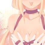  1girl bikini blonde_hair body_blush breasts cleavage closed_mouth commentary_request head_out_of_frame kawagoe_pochi lowres medium_breasts medium_hair ragnarok_online smile solo swimsuit tongue tongue_out upper_body wanderer_(ragnarok_online) white_bikini 