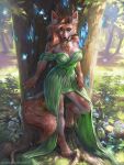 2022 4_toes 5_fingers anthro antlers breasts canid canine clothed clothing day detailed_background digital_media_(artwork) eyebrows eyelashes feet female fingers forest grass horn hybrid levelviolet looking_at_viewer mammal outside plant solo toes tree 