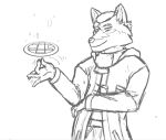  anthro bottomwear canid canine canis clothed clothing digital_media_(artwork) fur hair magic magic_circle magic_user male mammal monochrome shirt simple_background sketch smile solo topwear wolf zachary_aethern zachsroom 