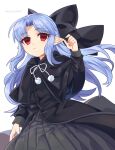  1girl 4rion8vl3dfwtoh absurdres bangs black_bow black_dress blue_hair bow closed_mouth dress hair_bow highres len_(tsukihime) long_hair long_sleeves looking_at_viewer pointy_ears red_eyes simple_background solo tsukihime twitter_username white_background 