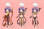  1girl :d animal_around_neck bangle bangs bikini bikini_top_only blush boots bracelet breasts brown_bikini brown_capelet brown_footwear brown_gloves brown_skirt capelet character_name cloud cloud_over_head commentary_request dress eyebrows_visible_through_hair eyepatch fingerless_gloves fox full_body gloves jewelry kawagoe_pochi lightning looking_at_viewer mage_(ragnarok_online) midriff navel open_mouth parted_bangs pelvic_curtain pink_background professor_(ragnarok_online) purple_eyes purple_hair ragnarok_online red_dress red_sleeves sage_(ragnarok_online) short_hair skirt sleeveless sleeveless_dress small_breasts smile striped_capelet striped_sleeves swimsuit waving yellow_sleeves 