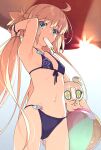  1girl ahoge aqua_eyes artoria_caster_(fate) artoria_pendragon_(fate) ball beachball bikini blonde_hair breasts cowboy_shot fate/grand_order fate_(series) food food_in_mouth highres holding holding_food ice_cream inflatable_toy kon_(fate) long_hair looking_at_viewer melting popsicle saipaco small_breasts solo swimsuit 