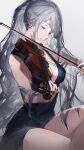  1girl ak-12_(girls&#039;_frontline) backless_dress backless_outfit bangs bare_shoulders blue_dress breasts cleavage closed_eyes collarbone covered_nipples crossed_legs dress girls&#039;_frontline gradient gradient_background highres instrument long_hair medium_breasts messy_hair music no_bra playing_instrument plunging_neckline ponytail qiandaiyiyu short_dress silver_hair sitting sleeveless sleeveless_dress swept_bangs thighs very_long_hair violin 