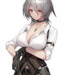  1girl arm_under_breasts black_gloves breasts bright_pupils character_request choker cleavage copyright_request corset gloves grey_hair hair_between_eyes jewelry large_breasts looking_at_viewer necklace red_eyes shanyao_jiang_tororo short_hair simple_background sleeves_folded_up solo white_background white_pupils 