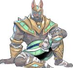  anthro anubian_jackal armor blush canid canine canis hi_res humanoid jackal league_of_legends male mammal muscular muscular_male nasus_(lol) nipples pecs riot_games sitting solo video_games warwickislovely 