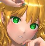  1girl bangs blonde_hair close-up commentary_request eyelashes face green_eyes green_nails hair_between_eyes head_tilt kageharu light_blush lips looking_at_viewer medium_hair mizuhashi_parsee nail_art nail_polish parted_lips pointy_ears slit_pupils solo teeth touhou 