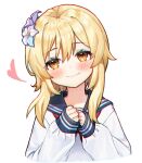  1girl bangs blonde_hair blush chromatic_aberration closed_mouth commentary_request eyebrows_visible_through_hair flower from_side frown genshin_impact hair_between_eyes hair_flower hair_ornament hue korean_commentary long_sleeves looking_at_viewer looking_to_the_side lumine_(genshin_impact) school_uniform serafuku short_hair short_hair_with_long_locks sidelocks simple_background smile solo white_background yellow_eyes 