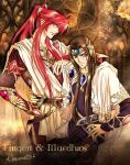  2boys arm_around_shoulder blue_eyes braid brown_hair closed_mouth elf fingon kazuki-mendou long_hair looking_at_viewer maedhros male_focus multiple_boys parted_lips pointy_ears ponytail purple_eyes purple_robe red_hair red_robe robe sash smile the_silmarillion toga tolkien&#039;s_legendarium very_long_hair 