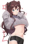  1girl :3 absurdres ahoge blue_eyes breasts brown_hair cowboy_shot crop_top cropped_sweater dolphin_shorts hair_between_eyes highres ichinose_shiki idolmaster idolmaster_cinderella_girls long_hair long_sleeves looking_at_viewer lowleg lowleg_shorts medium_breasts midriff navel neil_(neil_nim) open_mouth short_shorts shorts sidelocks sleeves_past_fingers sleeves_past_wrists smile solo star_(symbol) sweater tsurime two_side_up underboob wavy_hair 