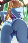  1girl ass ass_focus blonde_hair blue_bodysuit bodysuit breasts commentary_request facing_away from_behind from_below hair_tie hands_on_hips leaning_forward long_hair looking_ahead metroid paid_reward_available ponytail samus_aran skin_tight solo tight tomas_(kaosu22) zero_suit 