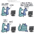  1:1 blue_body blue_fox_(foxes_in_love) blue_fur blue_tail canid canine comic dialogue duo english_text feral fox foxes_in_love fur green_body green_fox_(foxes_in_love) green_fur green_tail hi_res male_(lore) mammal monitor question_mark shadow simple_background text url 