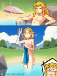  &lt;3 2021 blonde_hair blush cloud cutaway day duo english_text female green_eyes hair hi_res humanoid humanoid_pointy_ears hylian light_body light_skin link male nintendo not_furry partially_submerged plant princess_zelda rock sky text the_legend_of_zelda tobias_wheller towel towel_only tree url video_games water wide_eyed 