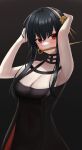  1girl armpits bangs black_background black_dress black_hair breasts cleavage dress hair_ornament hairband hands_in_hair highres knife large_breasts long_hair red_eyes solo spy spy_x_family weapon ximya yor_briar 