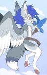  4_fingers 4_toes ambiguous_gender anthro aseethe avian beak bird blue_hair canid canine day detailed_background duo feathered_wings feathers feet female fingers fox fur grey_body grey_feathers grey_fur hair hi_res hybrid mammal outside sky smile toes wings 