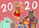  2020 anthro blue_body bobo_(gamba_no_bouken) brown_body chibi chuuta clothing eyes_closed eyewear gakusha gamba_no_bouken gamba_no_bouken_(series) ganba glasses grey_body group ikasama male mammal mouse mugai murid murine one_eye_closed rodent shijin shirt size_difference topwear wink yoisho 