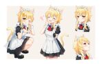  1girl :d ;o ^_^ ^o^ alternate_costume animal_ears apron arm_behind_back bangs black_footwear blonde_hair blush bow bowtie cat_ears cat_girl cat_tail closed_eyes commentary_request enmaided eyebrows_visible_through_hair fang full_body genshin_impact hair_between_eyes head_tilt heart highres hue kemonomimi_mode korean_commentary looking_at_viewer lumine_(genshin_impact) maid maid_apron maid_headdress mary_janes one_eye_closed open_mouth paw_pose shoes short_hair short_hair_with_long_locks short_sleeves sidelocks simple_background smile socks solo squatting tail white_background white_legwear wrist_cuffs yellow_eyes 