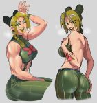  1girl absurdres ass biceps braid braided_ponytail bug butterfly butterfly_tattoo double_bun gg8473 green_hair green_lips hair_cones halter_top halterneck highres jojo_no_kimyou_na_bouken kujo_jolyne lipstick makeup midriff multicolored_hair muscular muscular_female spider_web_print stone_ocean sweat tattoo toned 