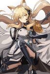  1girl animal_ear_fluff animal_ears arknights bangs blonde_hair closed_mouth exion_(neon) eyebrows_visible_through_hair headset highres horse_ears horse_girl long_hair looking_at_viewer nearl_(arknights) nearl_the_radiant_knight_(arknights) one_knee smile solo yellow_eyes 