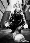  1boy animal blindfold cat covered_eyes full_body gojou_satoru greyscale high_collar highres jacket jujutsu_kaisen kuwoniagyu11112 long_sleeves male_focus monochrome pants short_hair solo squatting 