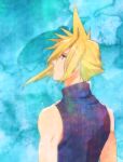  1boy armor_removed asymmetrical_hair bangs bare_arms blonde_hair blue_background blue_eyes blue_shirt cloud_strife final_fantasy final_fantasy_vii krudears muscular muscular_male parted_bangs shirt sleeveless sleeveless_turtleneck solo spiked_hair turtleneck upper_body watercolor_background watercolor_effect 