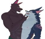  after_kiss anthro anubian_jackal blush bodily_fluids canid canine canis duo eye_contact hi_res humanoid jackal league_of_legends looking_at_another male male/male mammal muscular muscular_male nasus_(lol) nipples open_mouth pecs riot_games saliva saliva_on_tongue saliva_string scar tongue tongue_out video_games waist_grab warwick_(lol) warwickislovely wolf 