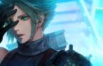  1boy aqua_eyes armor asymmetrical_hair black_gloves blonde_hair blue_shirt buster_sword cloud_strife crying earrings final_fantasy final_fantasy_vii gloves halu-ca hand_on_own_face highres jewelry parted_lips shirt shoulder_armor single_earring sleeveless sleeveless_turtleneck solo spiked_hair suspenders tears turtleneck upper_body weapon weapon_on_back 