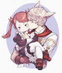  1boy 1girl animal_ears blue_pupils blush brown_choker brown_hair carrying choker closed_eyes crossed_arms crossed_legs facial_mark final_fantasy final_fantasy_xiv fingernails grey_hair hand_on_another&#039;s_face holding holding_person kiss kissing_cheek lalafell long_hair looking_away maid maid_headdress miqo&#039;te neji_vuldarak pointy_ears pout princess_carry puffy_sleeves purple_eyes red_footwear slit_pupils texture thighhighs twintails white_legwear 