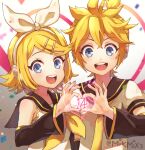  1boy 1girl anniversary aqua_eyes bare_shoulders black_sailor_collar blonde_hair blue_eyes bow brother_and_sister close-up commentary detached_sleeves eyebrows_visible_through_hair hair_bow hair_ornament hair_ribbon hairclip headphones heart heart_hands heart_hands_duo kagamine_len kagamine_rin looking_at_viewer mikmix mixed-language_commentary necktie open_mouth ribbon sailor_collar short_hair short_sleeves siblings simple_background smile solo_focus twins vocaloid white_background 