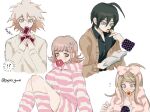  !? 2boys 2girls ahoge akamatsu_kaede alternate_costume alternate_hair_ornament artist_name bangs bow brown_eyes brown_hair card character_hair_ornament checkered danganronpa_(series) danganronpa_2:_goodbye_despair danganronpa_v3:_killing_harmony doughnut eyebrows_visible_through_hair flipped_hair food grey_hair hair_bow hair_ornament hand_up holding holding_card hood hood_down hoodie komaeda_nagito monomi_(danganronpa) mouth_hold multiple_boys multiple_girls musical_note_hair_ornament nanami_chiaki pink_eyes saihara_shuuichi striped striped_hoodie sweater white_bow white_sweater youji_(papiko_yuuki) 