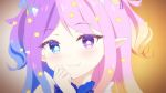  :3 blonde_hair blue_dress blue_eyes blue_hair blush close-up commentary demon_horns dress emberlith eyebrows_visible_through_hair fang gradient_hair hand_on_own_chin heterochromia horns indie_virtual_youtuber looking_at_viewer magical_girl multicolored_hair patrick_fche pink_hair pointy_ears portrait purple_eyes purple_hair spanish_commentary star-shaped_pupils star_(symbol) starry_sky_print symbol-shaped_pupils virtual_youtuber 