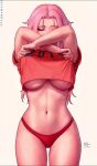  1girl 2019 bangs bare_legs breasts large_breasts long_hair navel original panties pink_hair red_shirt sciamano240 shirt simple_background stomach t-shirt third-party_edit twitter_username underwear 