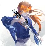  1boy blue_eyes blue_kimono cofffee cross_scar hakama hakama_skirt himura_kenshin holding holding_sword holding_weapon japanese_clothes katana kimono long_hair ponytail red_hair rurouni_kenshin scar scar_on_cheek scar_on_face skirt solo sword weapon 