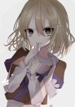  1girl arm_warmers bangs biting biting_clothes blonde_hair eyebrows_visible_through_hair green_eyes grey_background highres looking_at_viewer mizuhashi_parsee pointy_ears scarf shion_343 short_hair simple_background solo touhou twitter_username upper_body v-shaped_eyebrows white_scarf 