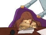  1boy 1girl blush brown_hair chinese_commentary closed_eyes commentary_request crossed_arms desk dressing fors_wall fyy2333 highres inkwell jacket klein_moretti lord_of_the_mysteries out_of_frame paper purple_jacket simple_background sleeping white_background 