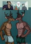  abs anthro bambi bambi_(film) canid canine canis cervid clothed clothing comic disney domestic_dog equid equine haplorhine hi_res kappax locker_room male mammal monkey nose_to_nose primate ronno topless towel 