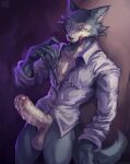  2022 anthro balls beastars bodily_fluids bottomless canid canine canis clothed clothing cum genital_fluids genitals legoshi_(beastars) male mammal nurinaki penis shirt solo topwear wolf 