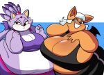  2022 anthro belly big_belly big_breasts black_nose blaze_the_cat blue_eyes bodily_fluids breasts chiropteran chubby_cheeks chubby_female cleavage cleavage_cutout cleavage_overflow clothed clothing domestic_cat duo embarrassed felid feline felis female female/female forehead_gem fur hair hi_res huge_breasts hyper hyper_belly lavender_fur mammal morbidly_obese morbidly_obese_anthro morbidly_obese_female obese obese_anthro obese_female overweight overweight_anthro overweight_female ponytail purple_body purple_fur raised_tail rouge_the_bat sega shirt simple_background smile sonic_the_hedgehog_(series) superspoe sweat tank_top topwear white_hair wide_hips yellow_eyes 