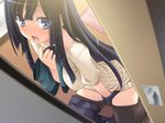  black_hair blue_eyes blush breasts caught clothes_sniffing famima game_cg hand_in_panties hand_on_own_chest kannazuki_genshi kneeling long_hair masturbation open_mouth ouma_reika panties pantyhose pantyhose_pull skirt skirt_pull smelling solo underwear walk-in 