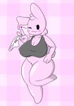  &lt;3 4_fingers anthro big_breasts blush bottomless breasts cleavage clothed clothing eyelashes female fingers goo_creature hand_on_hip holding_object lagomorph looking_at_viewer mammal nipple_bulge on_one_leg one_eye_closed panties partially_clothed pink_background pink_body rabbit shirt simple_background slightly_chubby smile solo standing thick_thighs tonytoran underwear voluptuous wide_hips wink 
