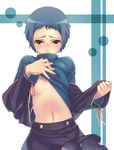  blue_eyes blue_hair breasts long_sleeves medium_breasts navel pantyhose persona persona_3 shirt_lift short_hair solo tasaka_shinnosuke tears underboob yamagishi_fuuka 