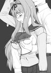  1girl breast_grab breasts grabbing greyscale hetero kusugawa_sasara large_breasts long_hair monochrome pleated_skirt school_uniform serafuku shichimenchou skirt solo_focus to_heart_2 